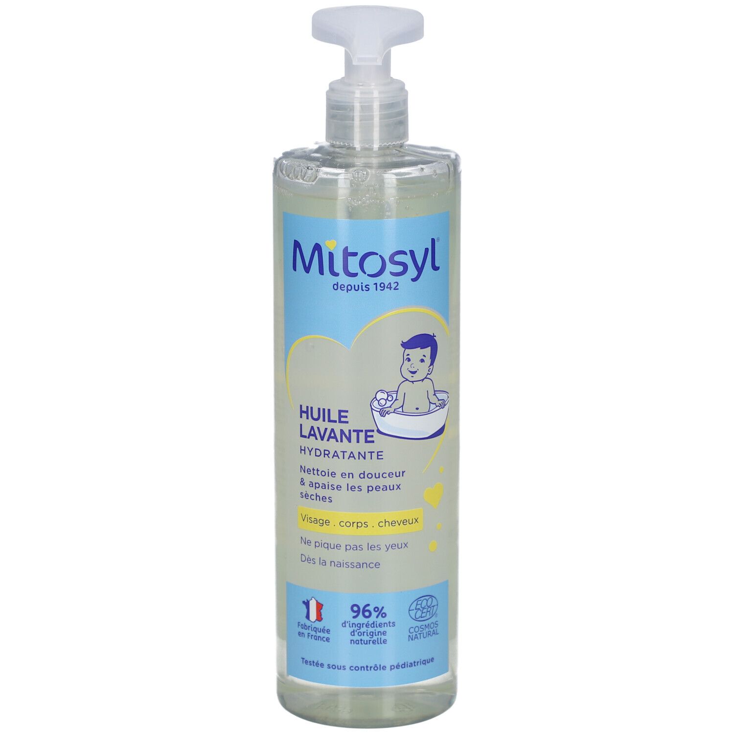 Fles MITOSYL Huile Lavante Hydratante met pomp. Opschrift: gezicht, lichaam, haar. 96% ingrediënten van natuurlijke oorsprong.