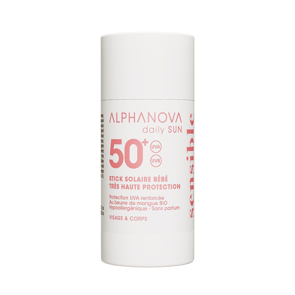 Witte zonnebrandstick met roze tekst. Opschrift: 50+, Stick Solaire Bébé, Visage & Corps.