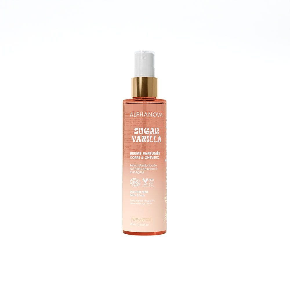 Brume parfumée corps et cheveux Alphanova. Flacon avec vaporisateur. Inscription : Sugar Vanilla. Certification bio.