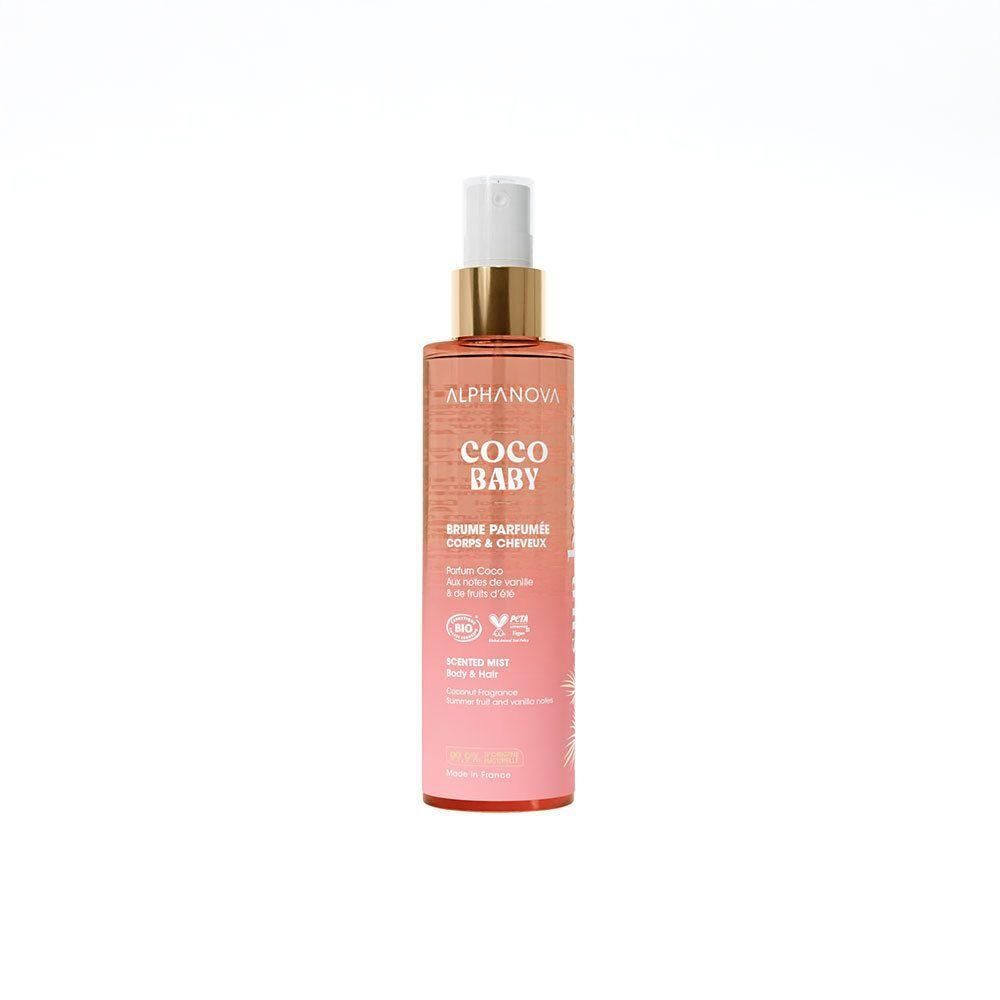 Flesje body- en haarspray. Roze en wit etiket met productnaam en logo. Spuitkop met gouden kraag.