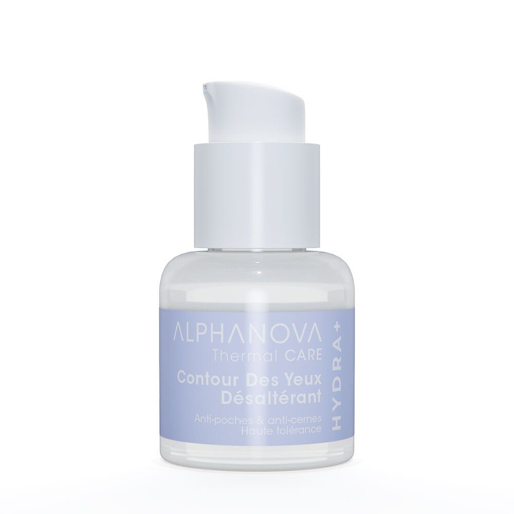 Kleine, transparante fles met witte pomp. Op het etiket staat "CONTOUR DES YEUX DÉSALTÉRANT".