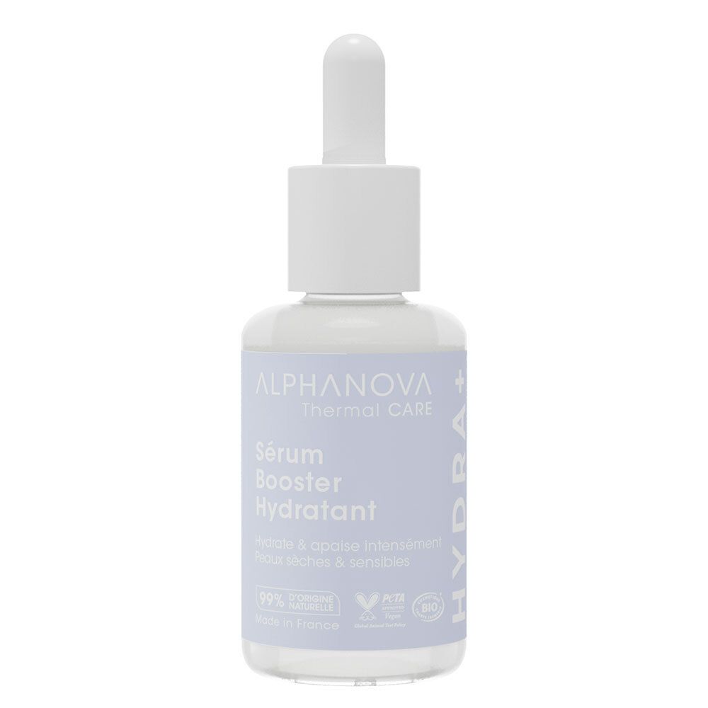 Flacon blanc avec pipette. Inscription: ALPHA NOVA Thermal CARE, Sérum Booster Hydratant. Étiquette bleue.