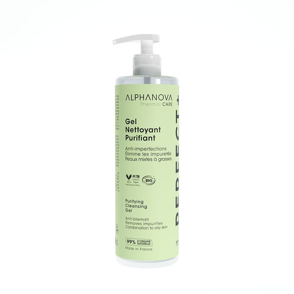Cilindrische fles met doseerpomp. Opschrift: Gel Nettoyant Purifiant, Anti-imperfections. Groen-witte verpakking.