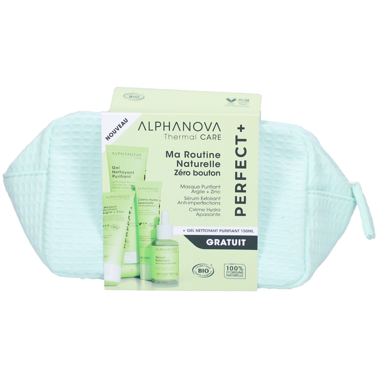 Trousse de toilette avec produits de soin. Emballage avec nom et logo du produit. Trousse verte avec fermeture éclair.