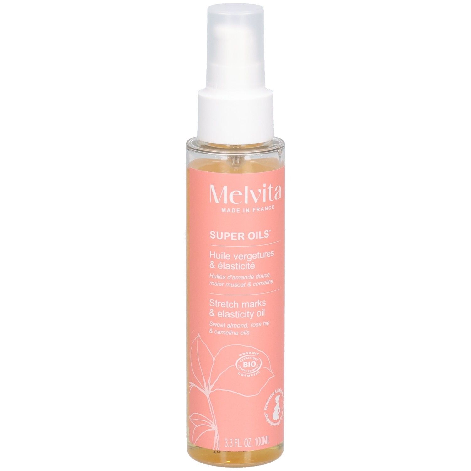 Transparante fles met roze etiket. Opschrift: Melvita, Super Oils, Huile vergetures & elasticité, Stretch marks & elasticity oil. Bio-certificering.