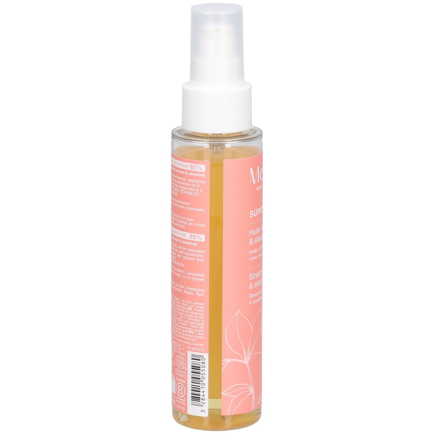 Transparante fles met roze etiket. Tekst in het Frans. Bio-certificering. Spuitkop. Vloeistof zichtbaar.
