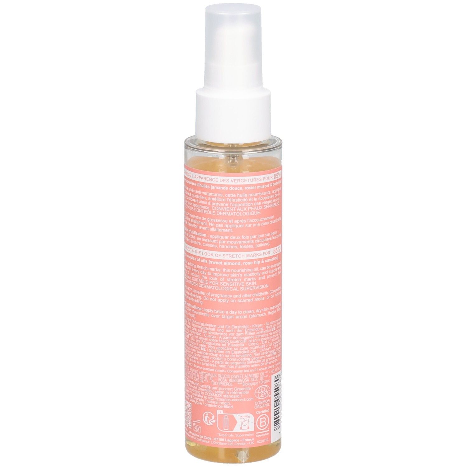 Transparante fles met roze etiket. Tekst in het Frans. Bio-certificering. Spuitkop. Vloeistof zichtbaar.