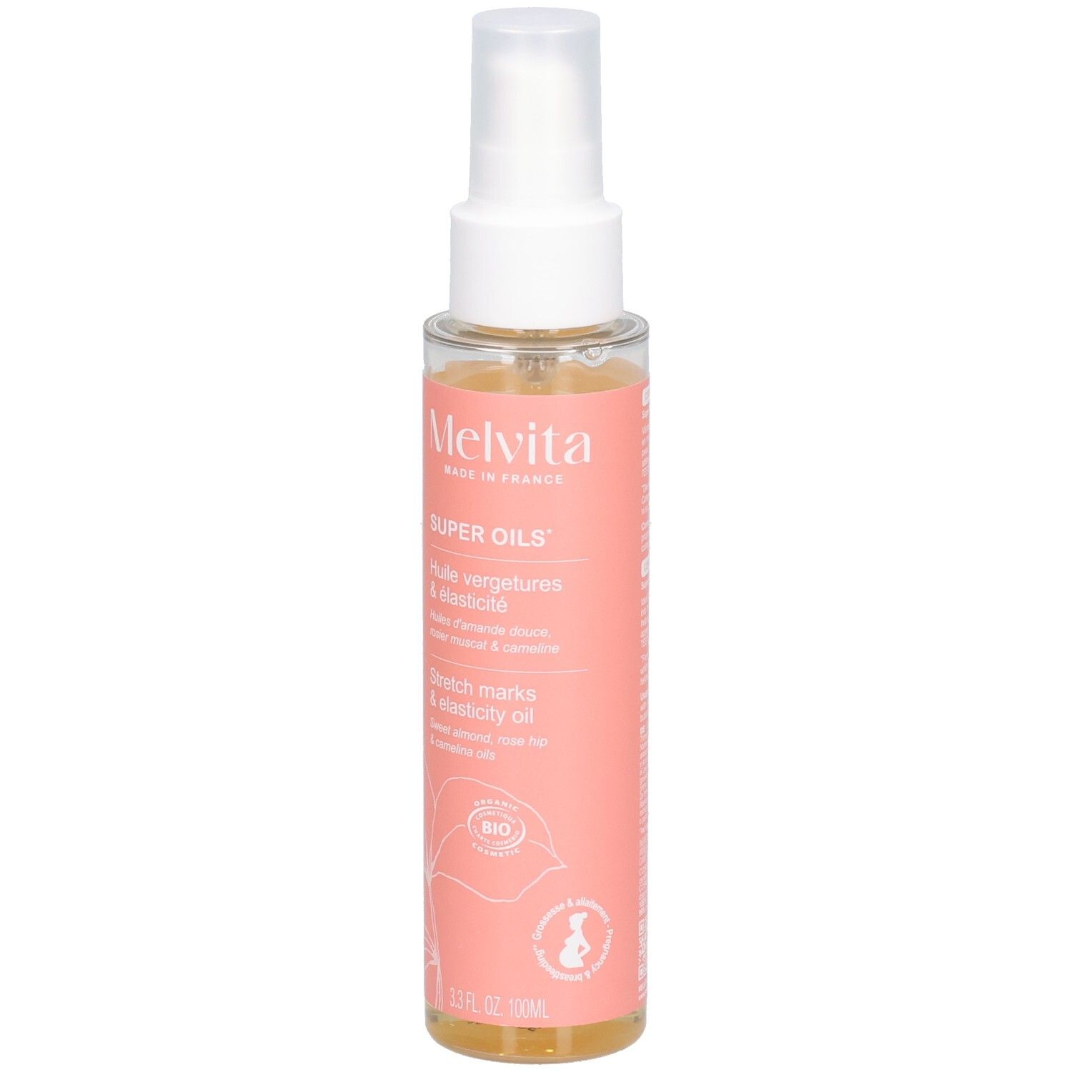 Transparante fles met roze etiket. Opschrift: Melvita, Super Oils, Huile vergetures & elasticité, Stretch marks & elasticity oil. Bio-certificering.