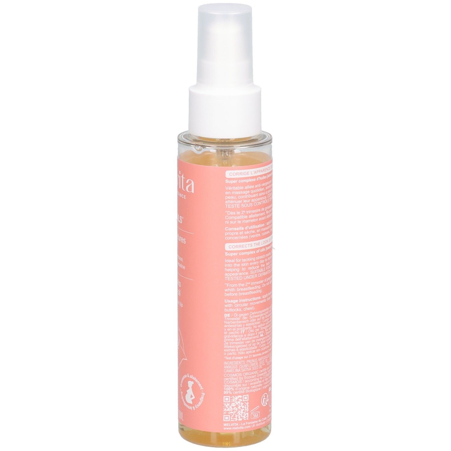 Transparante fles met roze etiket. Tekst in het Frans. Bio-certificering. Spuitkop. Vloeistof zichtbaar.