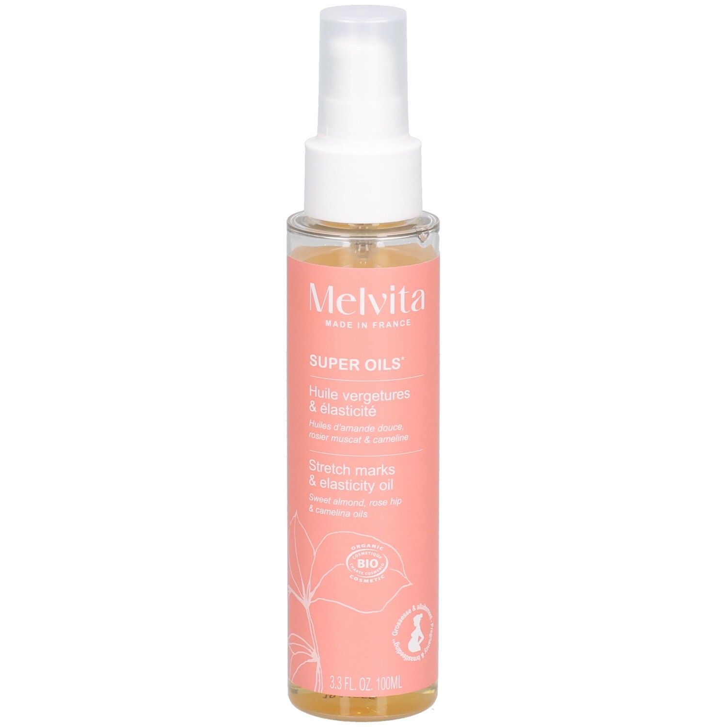 Transparante fles met roze etiket. Opschrift: Melvita, Super Oils, Huile vergetures & elasticité, Stretch marks & elasticity oil. Bio-certificering.