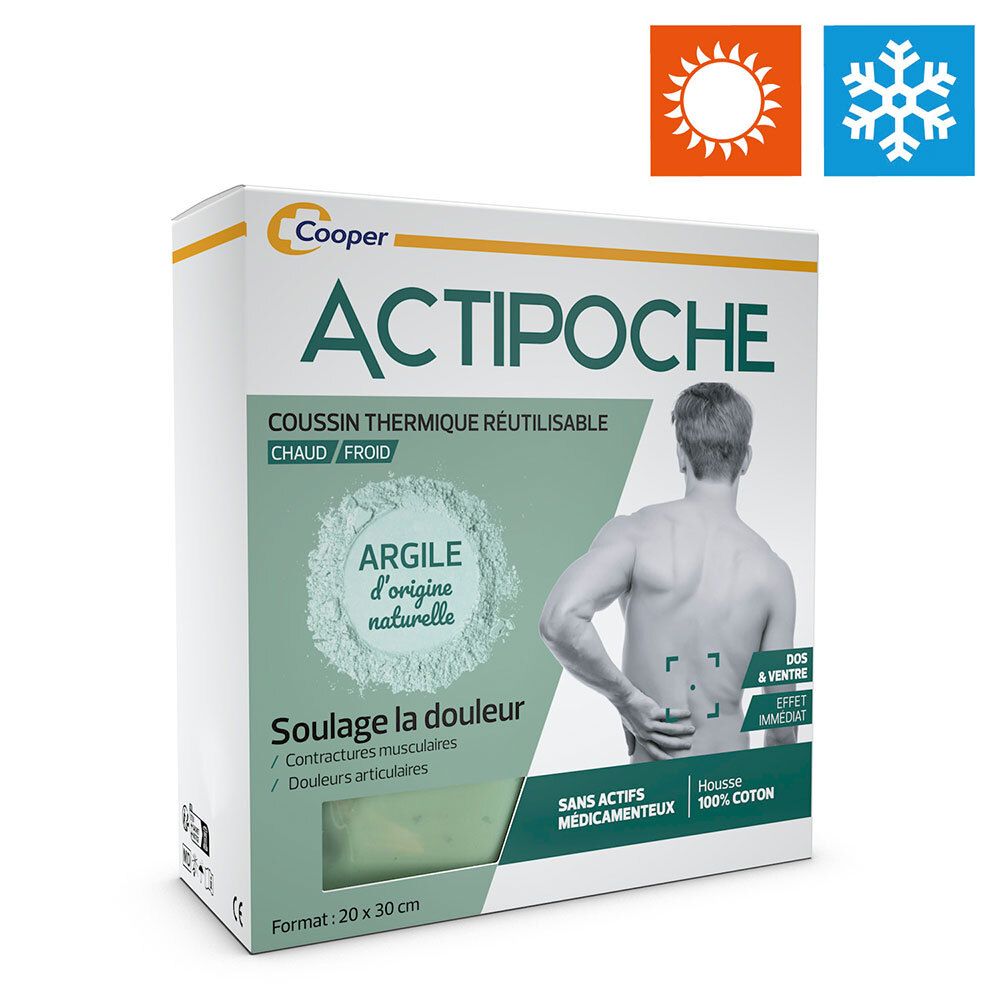 Witte ACTIPOCHE verpakking. Herbruikbaar warmtekussen met natuurlijke klei. Warmte/koude symbolen.