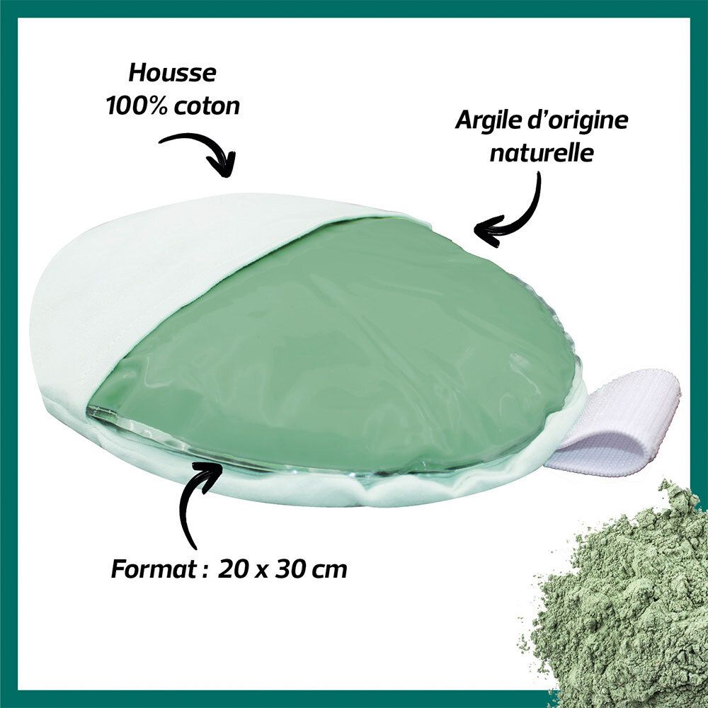 Groen ovaal kussen in witte katoenen hoes. Natuurlijke klei. Formaat 20x30 cm.