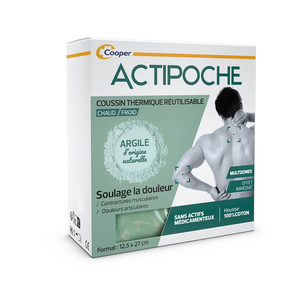 Verpakking van ACTIPOCHE. Witte doos met productafbeelding en tekst. Afmetingen: 12,5 x 27 cm. Bevat een herbruikbaar warmtekussen.