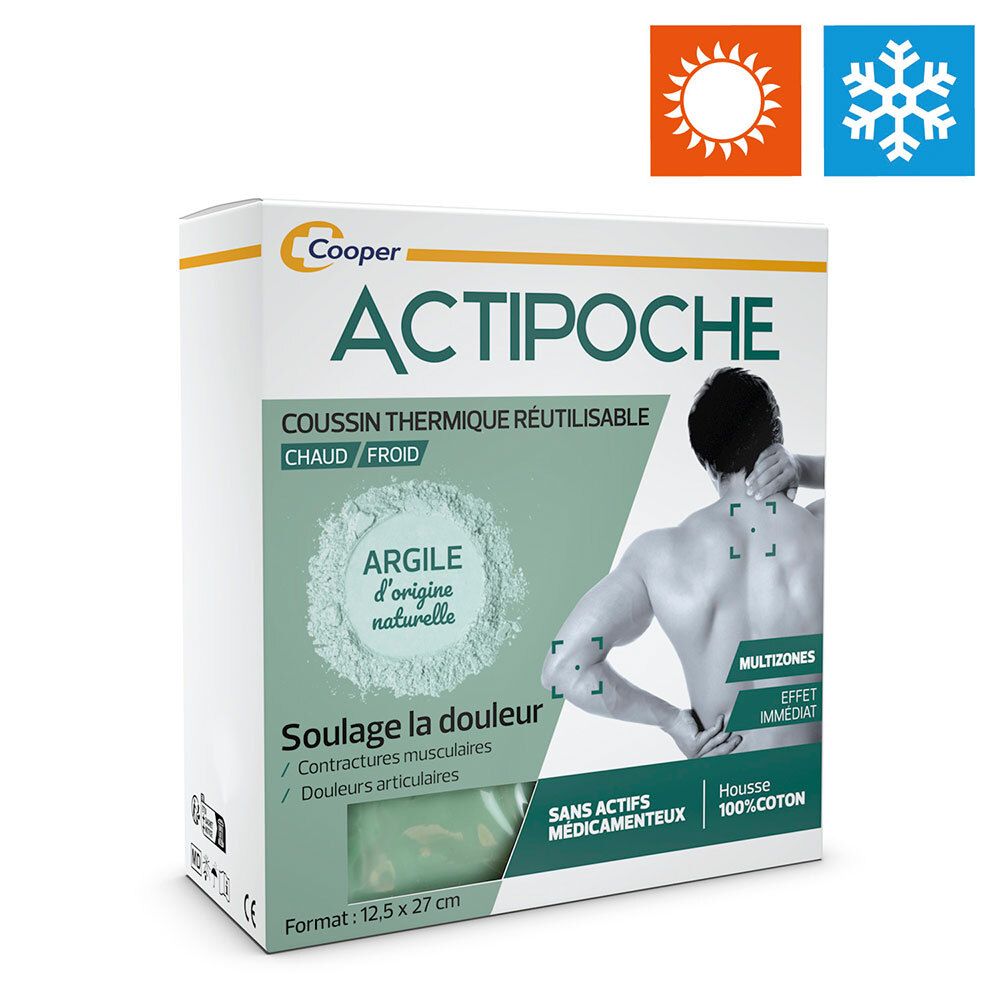 Verpakking van ACTIPOCHE. Zonne- en sneeuwvloksymbolen. Productafbeelding en tekst. Afmetingen: 12,5 x 27 cm. Herbruikbaar warmtekussen.