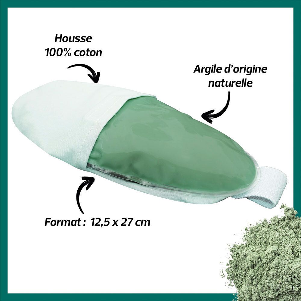 Groen, ovaal warmtekussen in witte katoenen hoes. Afmetingen: 12,5 x 27 cm. Details aangeduid met pijlen.