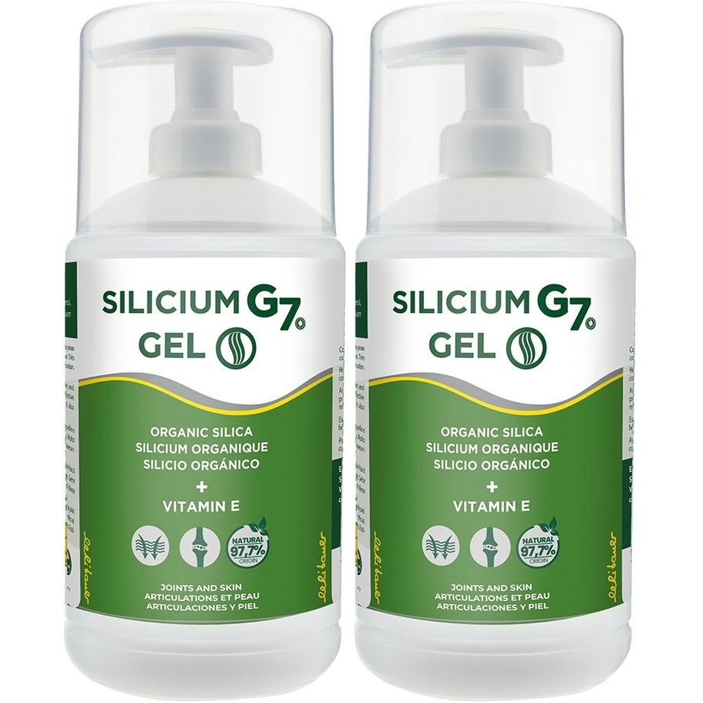 Deux flacons de Silicium G7 Gel avec pompe. Inscription: Organic Silica, Vitamine E. Étiquette verte et blanche avec logos et texte.