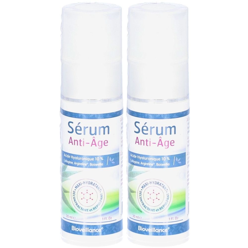 Twee flessen serum Anti-Âge. Witte flessen met blauw en groen etiket. Tekst: Sérum Anti-Âge, Bioveillance.