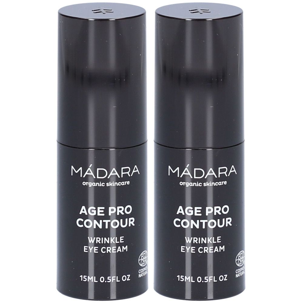 Twee zwarte flacons met doppen. Opschrift: MÁDARA organic skincare, AGE PRO CONTOUR, WRINKLE EYE CREAM. 15ML 0.5FL OZ.