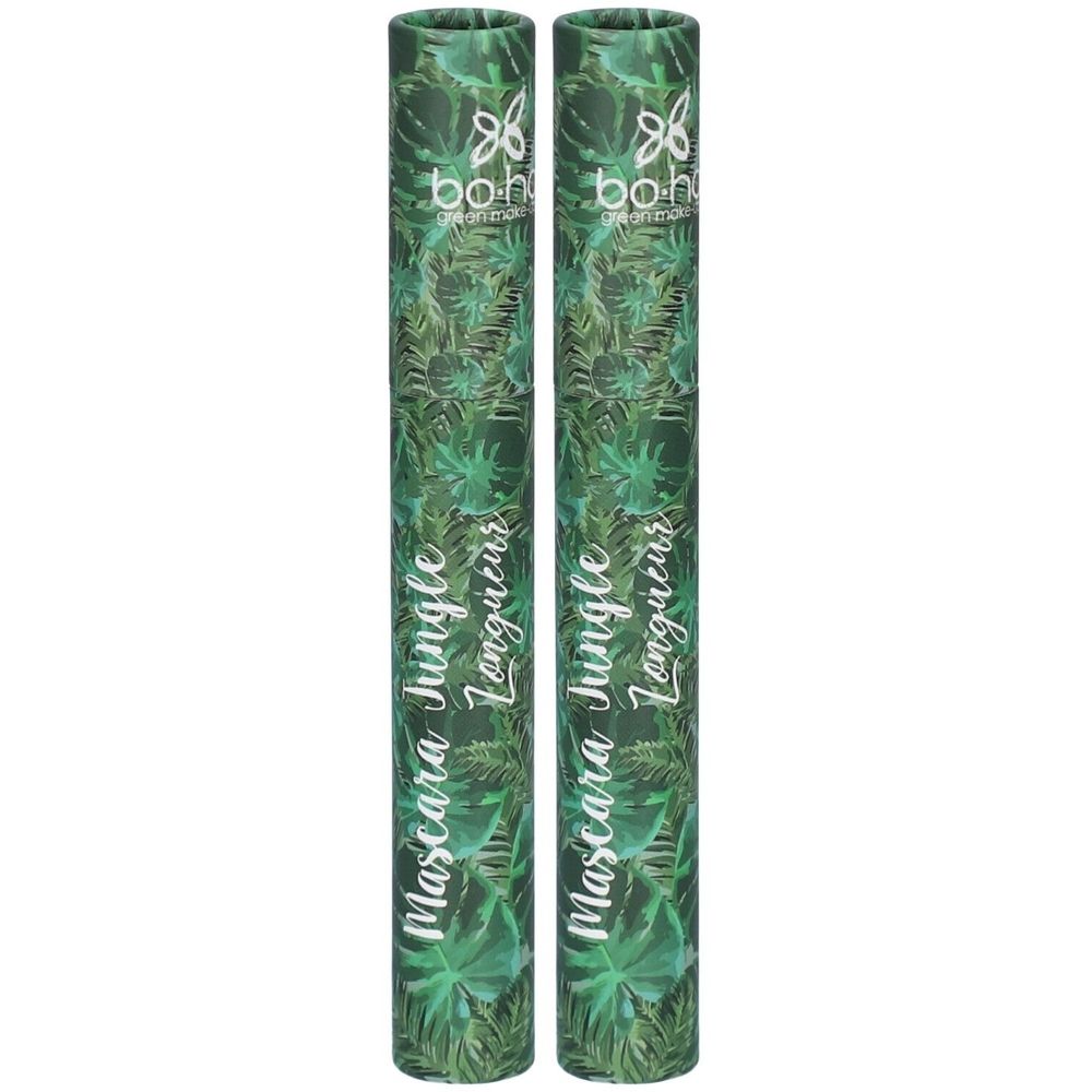 Twee cilindrische mascara verpakkingen. Groen met bladeren patroon. Opschrift: Mascara Jungle Longueur. Logo: bohème green make-up.