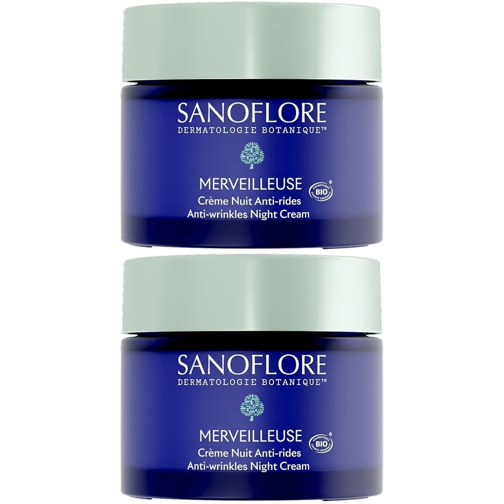 Deux pots bleus avec couvercles blancs. Inscription: SANOFLORE, MERVEILLEUSE Crème Nuit Anti-rides. Certification bio.