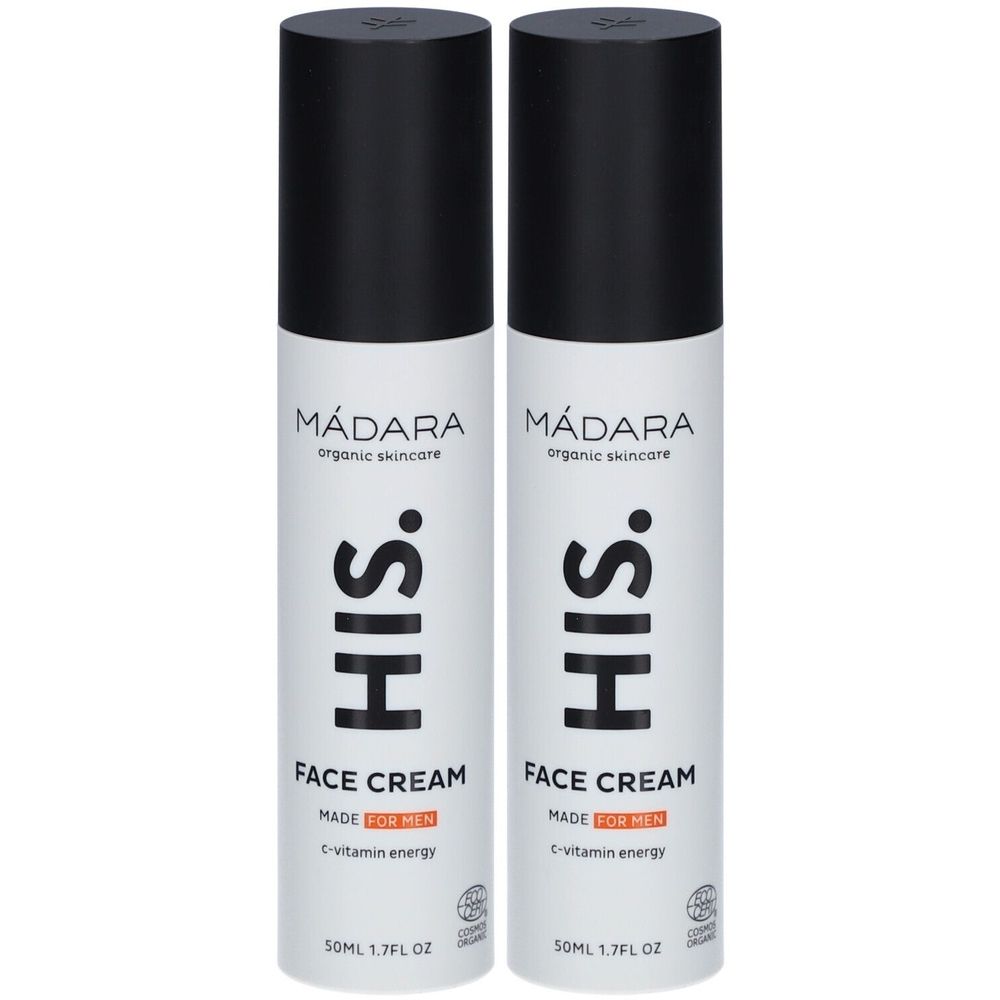 Twee witte flessen met zwarte dop. Opschrift: MÁDARA, HIS. FACE CREAM, MADE FOR MEN, C-vitamin energy. 50ML 1.7FL OZ.