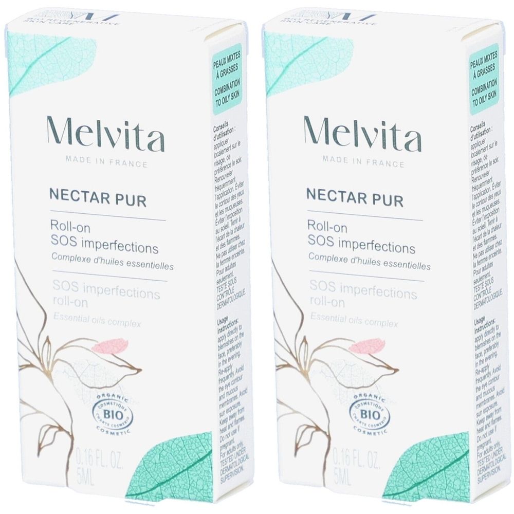 Twee rechthoekige dozen. Opschrift: Melvita Nectar Pur Roll-on SOS imperfections. Bio-certificering. Bevat 5ml.