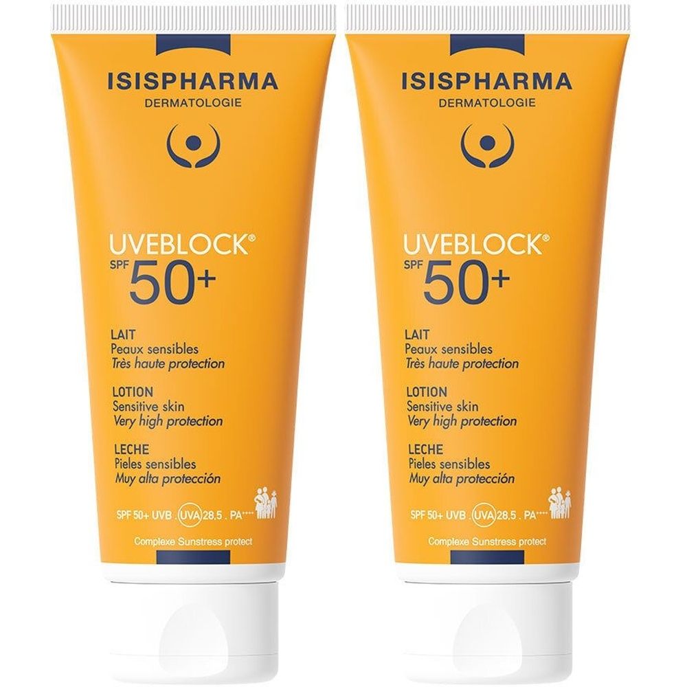 Twee tubes zonnebrandcrème. Oranje tubes met witte dop. Opschrift: ISISPHARMA, UVEBLOCK SPF 50+, lotion voor gevoelige huid.