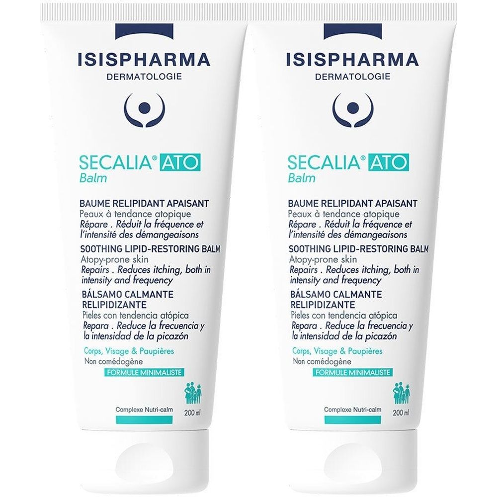 Twee tubes ISISPHARMA Secalia Ato Balm. Witte tubes met blauwe en groene tekst. Tekst: Secalia Ato Balm, verzachtende balsem.