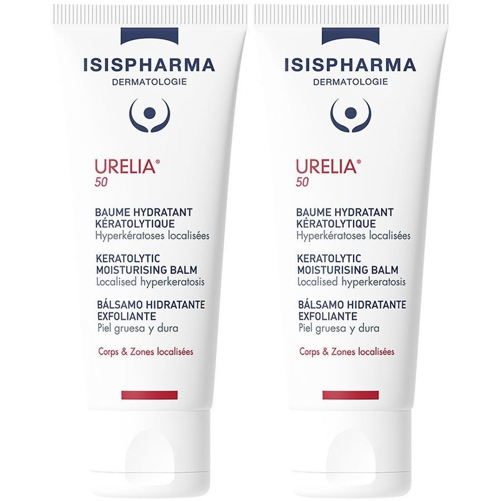 Twee tubes Urelia 50. Witte tubes met rode en blauwe tekst. Tekst: Baume Hydratant Kératolytique, Keratolytic Moisturising Balm.