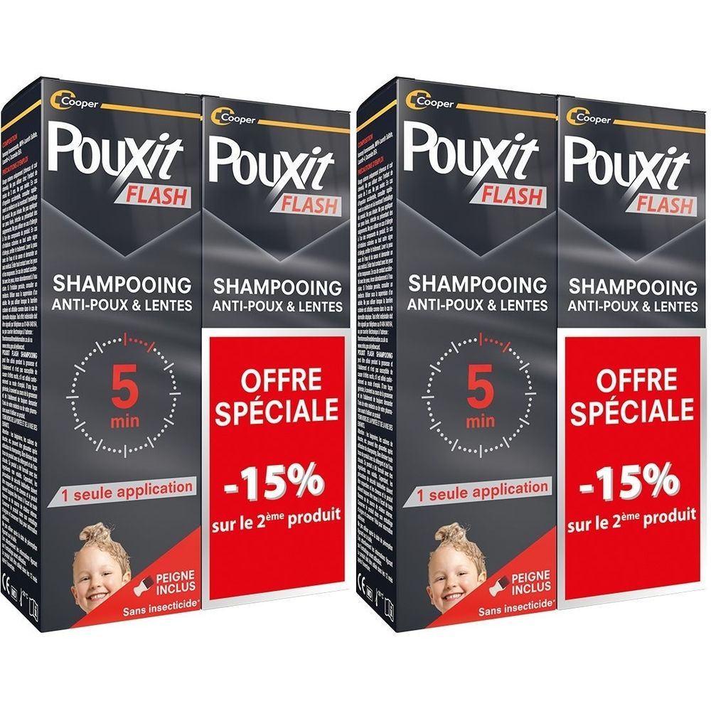 Verpakking shampoo tegen luizen en neten. Zwarte doos met productnaam en details. Speciale aanbieding: -15% korting op het tweede product.