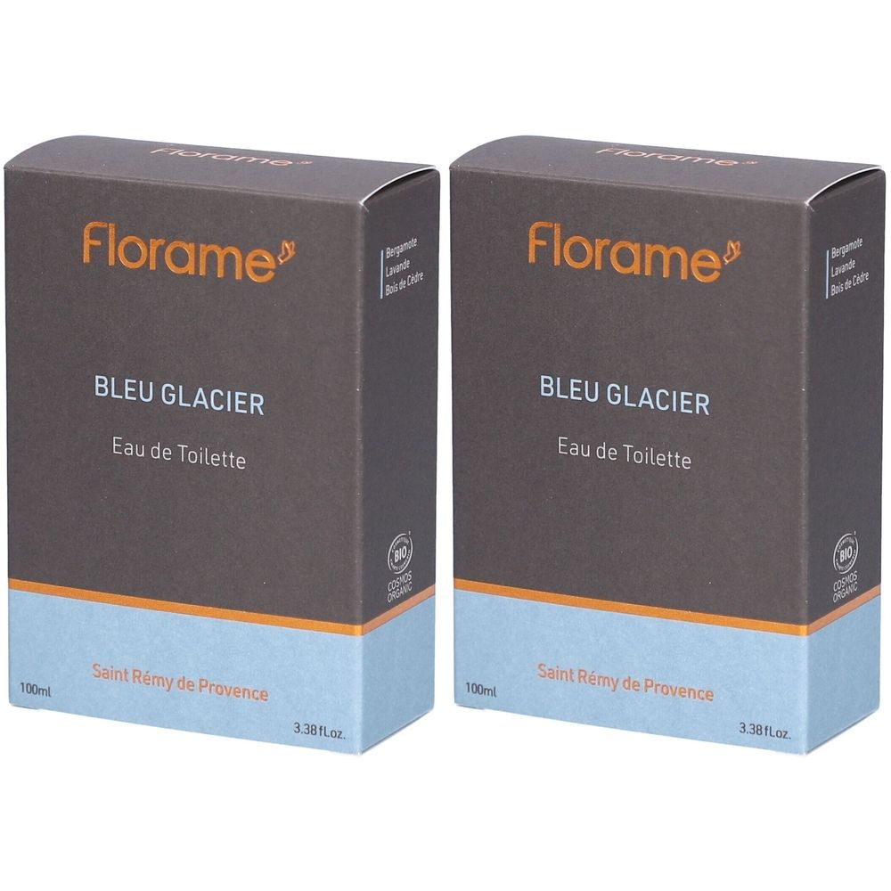 Deux boîtes rectangulaires. Inscription : Florame, Bleu Glacier Eau de Toilette. Combinaison de couleurs bleu et gris. Avec label de certification.