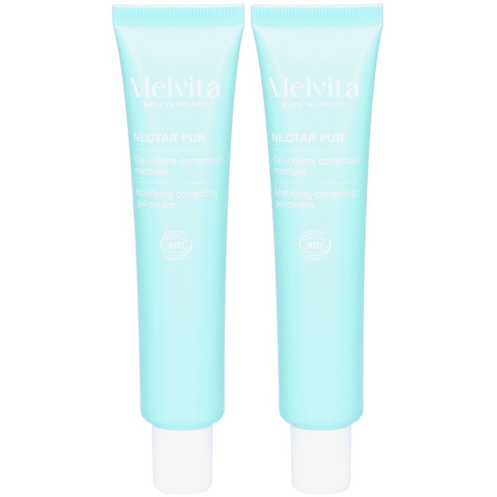 Twee tubes gel-crème. Lichtblauwe kleur, witte dop. Opschriften: MELVITA, NECTAR PUR, BIO-certificering.