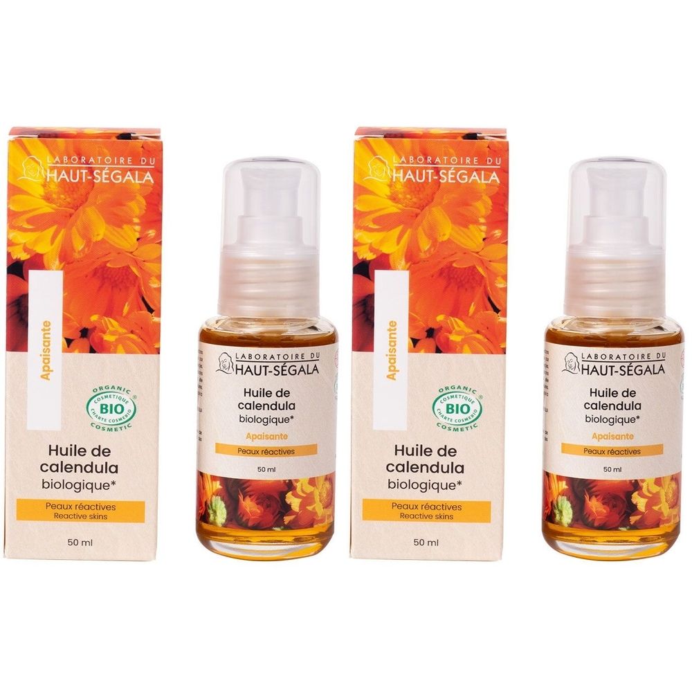 Drie flessen en verpakkingen van Laboratoire du Haut-Ségala Huile de Calendula Bio. Flessen met verstuiver, verpakking met logo en tekst.