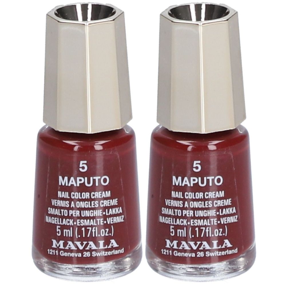 Twee flesjes nagellak, roodbruin. Opschrift: 5 MAPUTO, Nail Color Cream, 5 ml, merk MAVALA. Zilverkleurige dop.