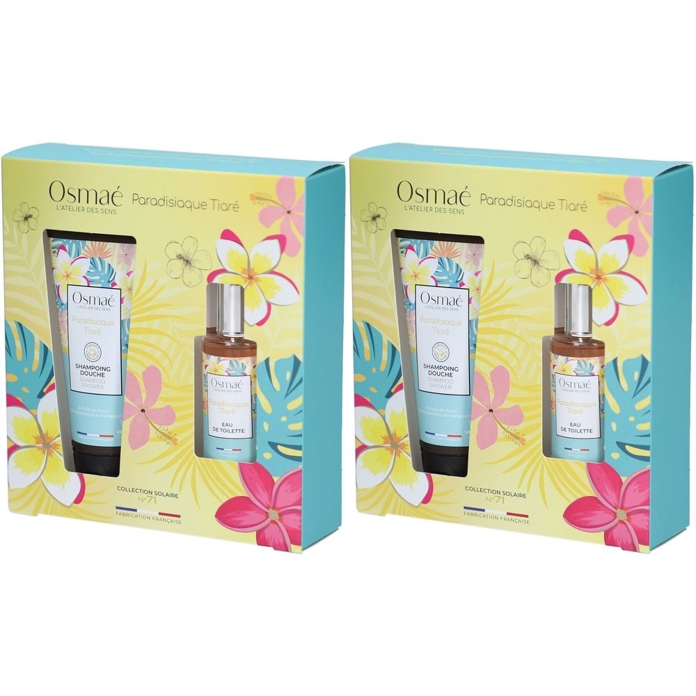 Deux coffrets cadeaux avec produits cosmétiques. Chaque boîte contient un tube et un flacon. Inscriptions: Osmaé, Paradisiaque Tiaré, motifs floraux.
