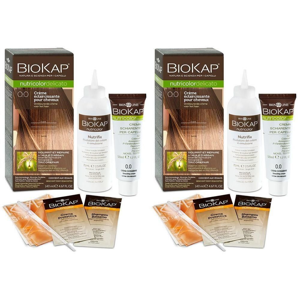 BIOKAP Nutricolor Delicato. Haarkleurset met fles, tube, zakjes. Verpakking met productafbeelding en tekst.