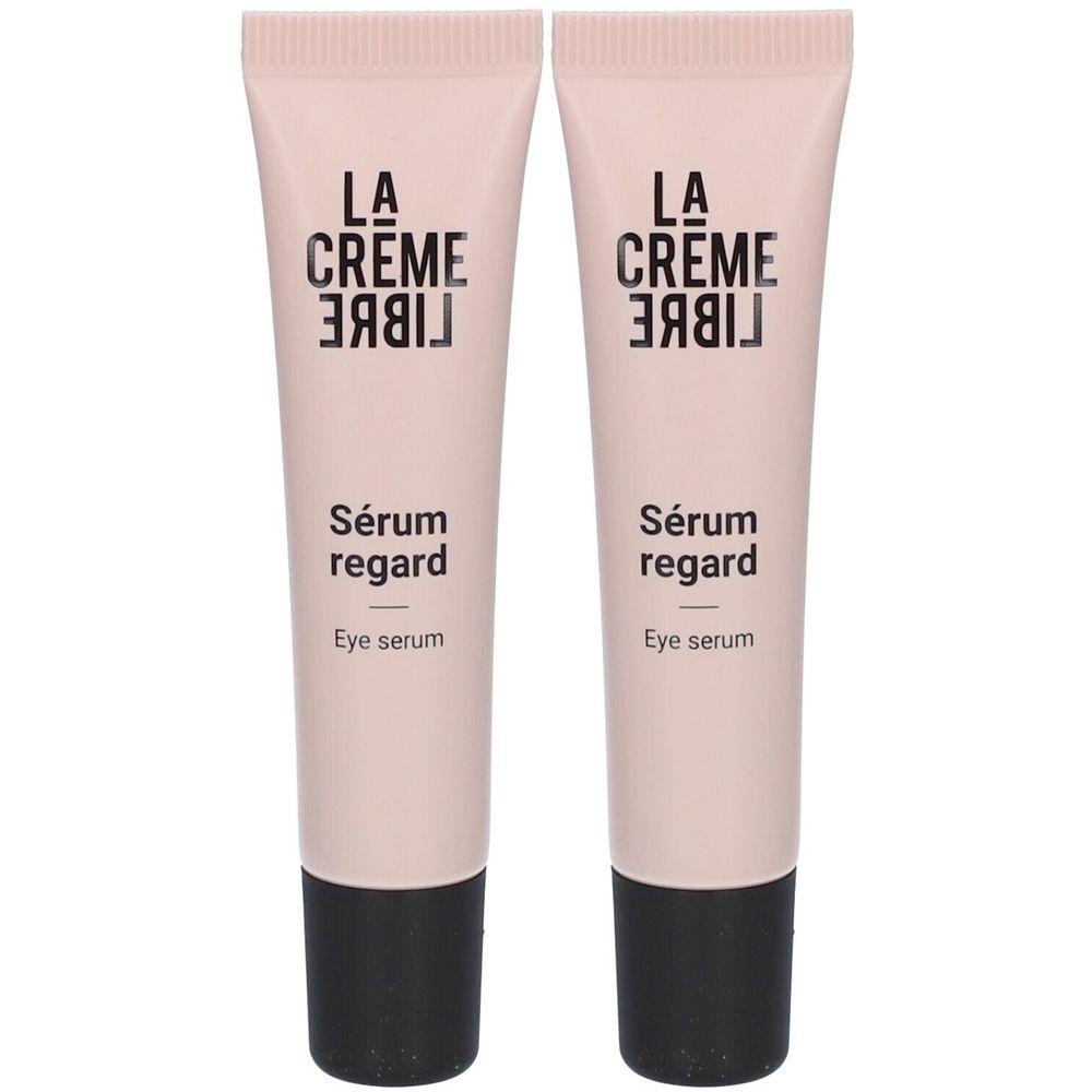 Deux tubes roses avec bouchon noir. Inscription : LA CRÈME LIBRE, Sérum regard, Eye serum.