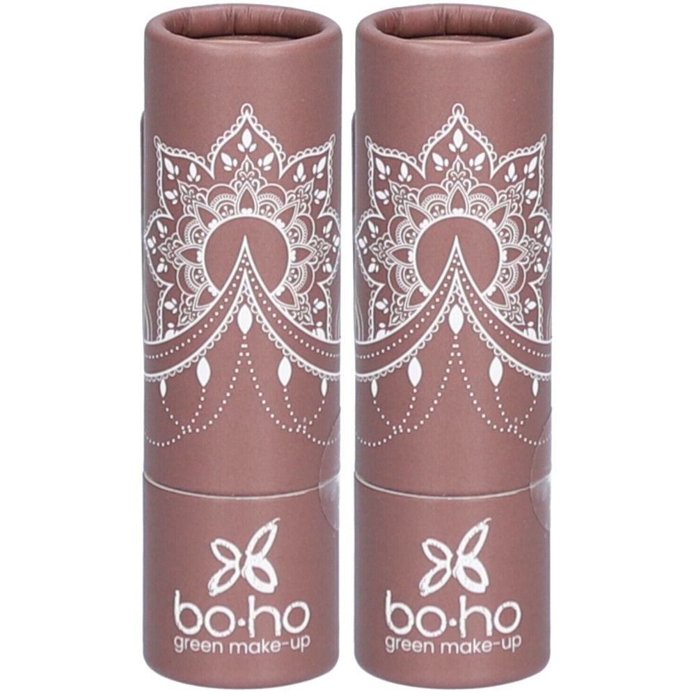 Twee roze cilindervormige verpakkingen. Witte mandala-print en logo 'bo-ho green make-up'.