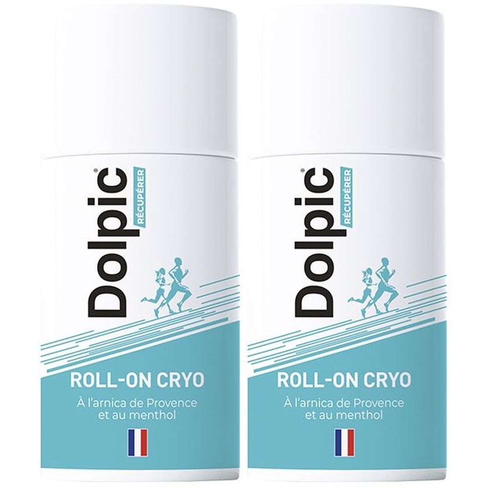 Twee cilindrische flessen. Opschrift: Dolpic, ROLL-ON CRYO, À l'arnica de Provence et au menthol. Franse vlag.
