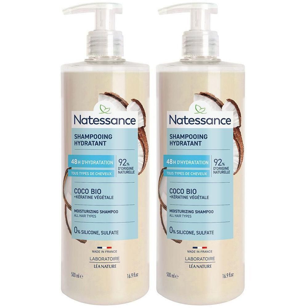 Twee shampooflessen met pomp. Opschrift: Natessance Shampooing Hydratant.