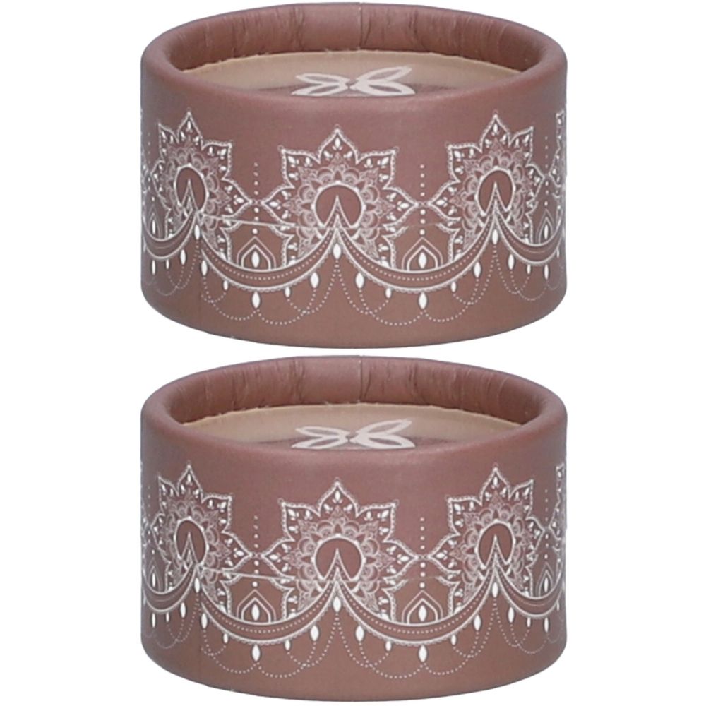 Twee ronde bruine containers met wit bloemmotief. De bovenkant is lichtbruin. Geen verdere details zichtbaar.
