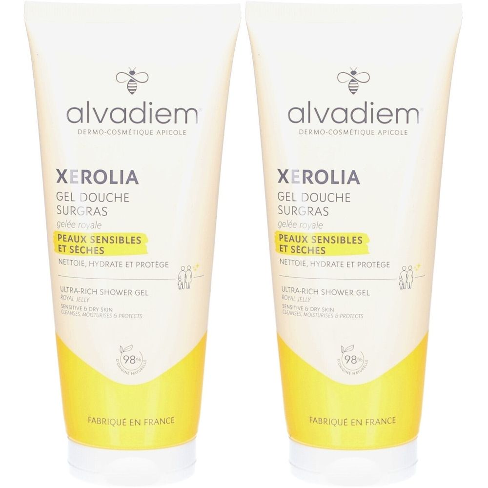 Twee tubes douchegel. Opschrift: alvadiem, Xerolia, Gel Douche Surgras. Voor gevoelige en droge huid. Gemaakt in Frankrijk.
