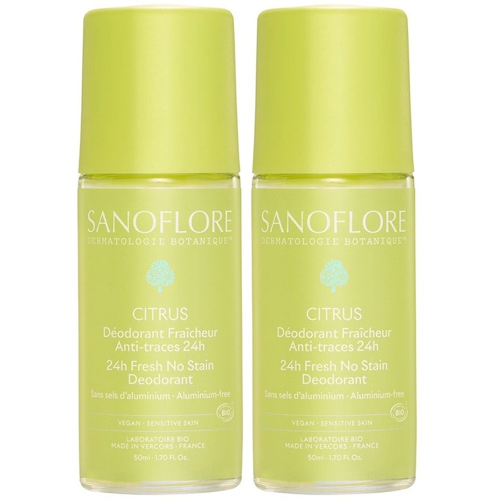 Deux déodorants roll-on. Flacons vert clair avec bouchons vert clair. Inscription : SANOFLORE, CITRUS, 24h Fresh No Stain Deodorant.