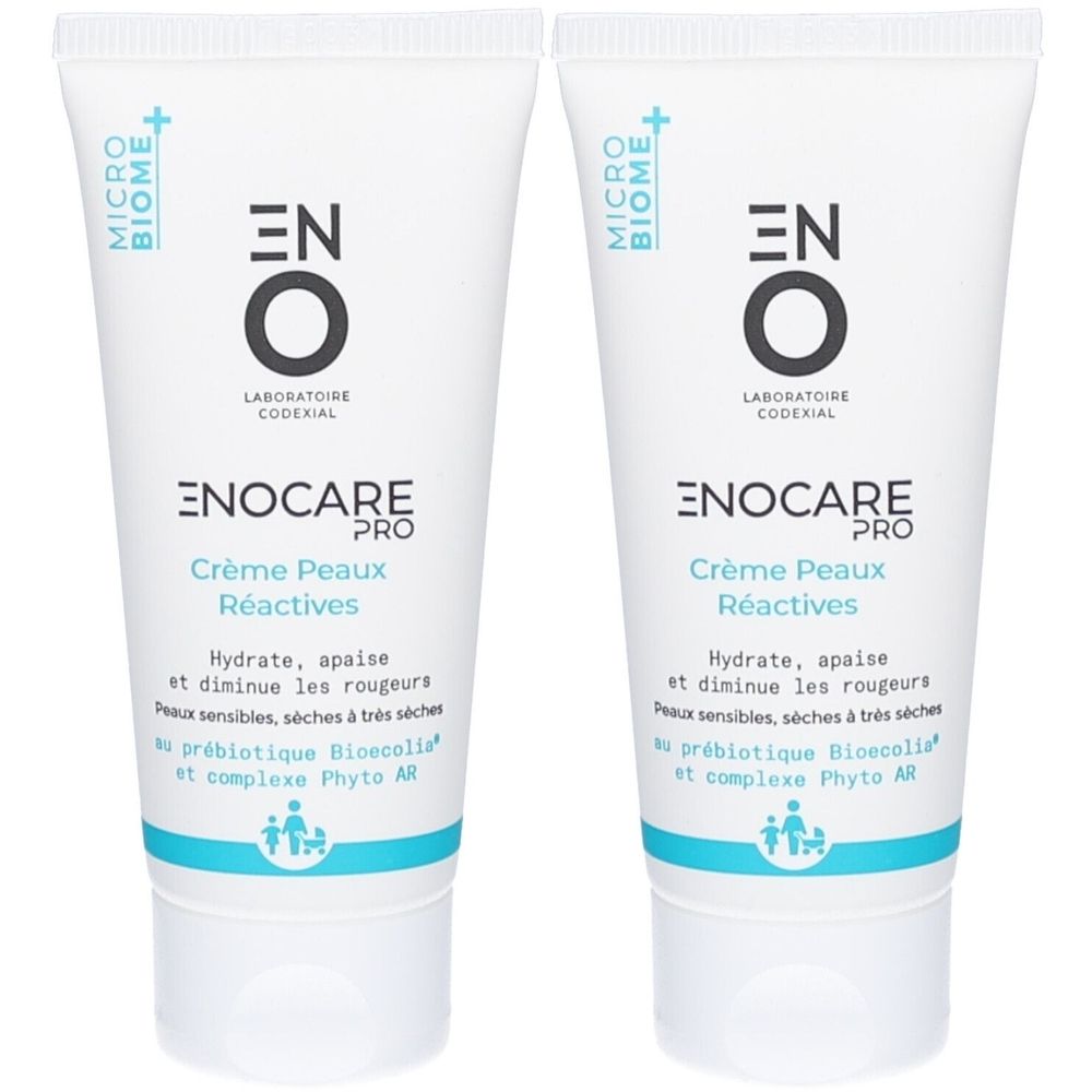Twee witte tubes met blauwe tekst. Opschrift: ENO, ENOCARE PRO Crème Peaux Réactives. Tekst in het Frans.