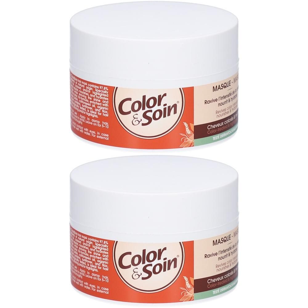 Twee witte potten met deksels. Op de etiketten staat "Color & Soin".