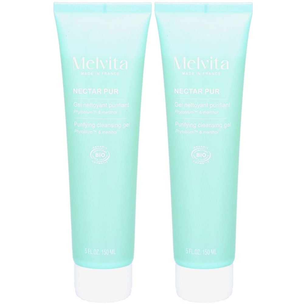 Twee tubes licht turkoois gel. Opschrift: MELVITA, NECTAR PUR, Gel nettoyant purifiant, BIO-label.