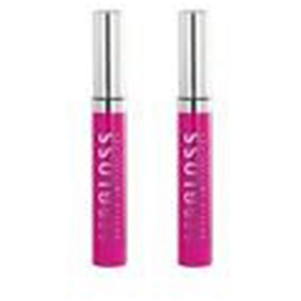 Twee roze lipgloss tubes met zilveren doppen. De tubes tonen het woord "Gloss".