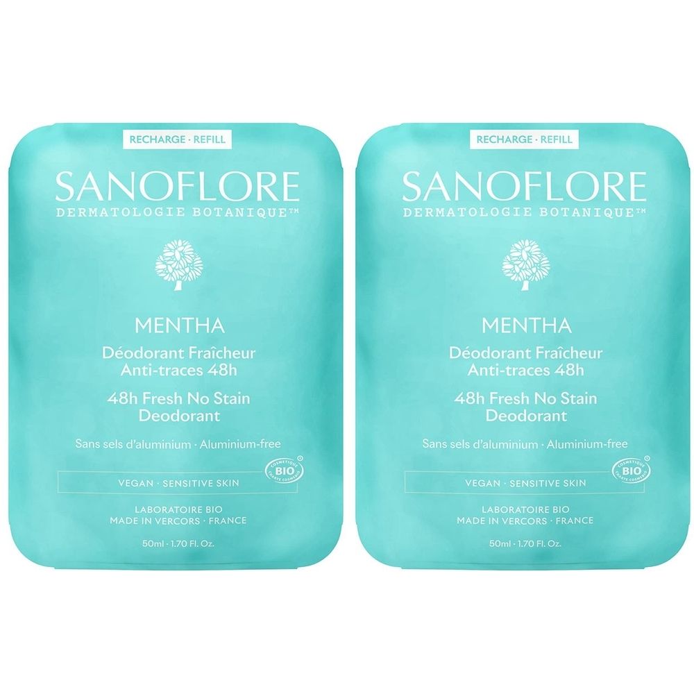 Deux recharges rectangulaires. Inscription: SANOFLORE, MENTHA, Déodorant, 48h. Certification bio. Couleur turquoise.