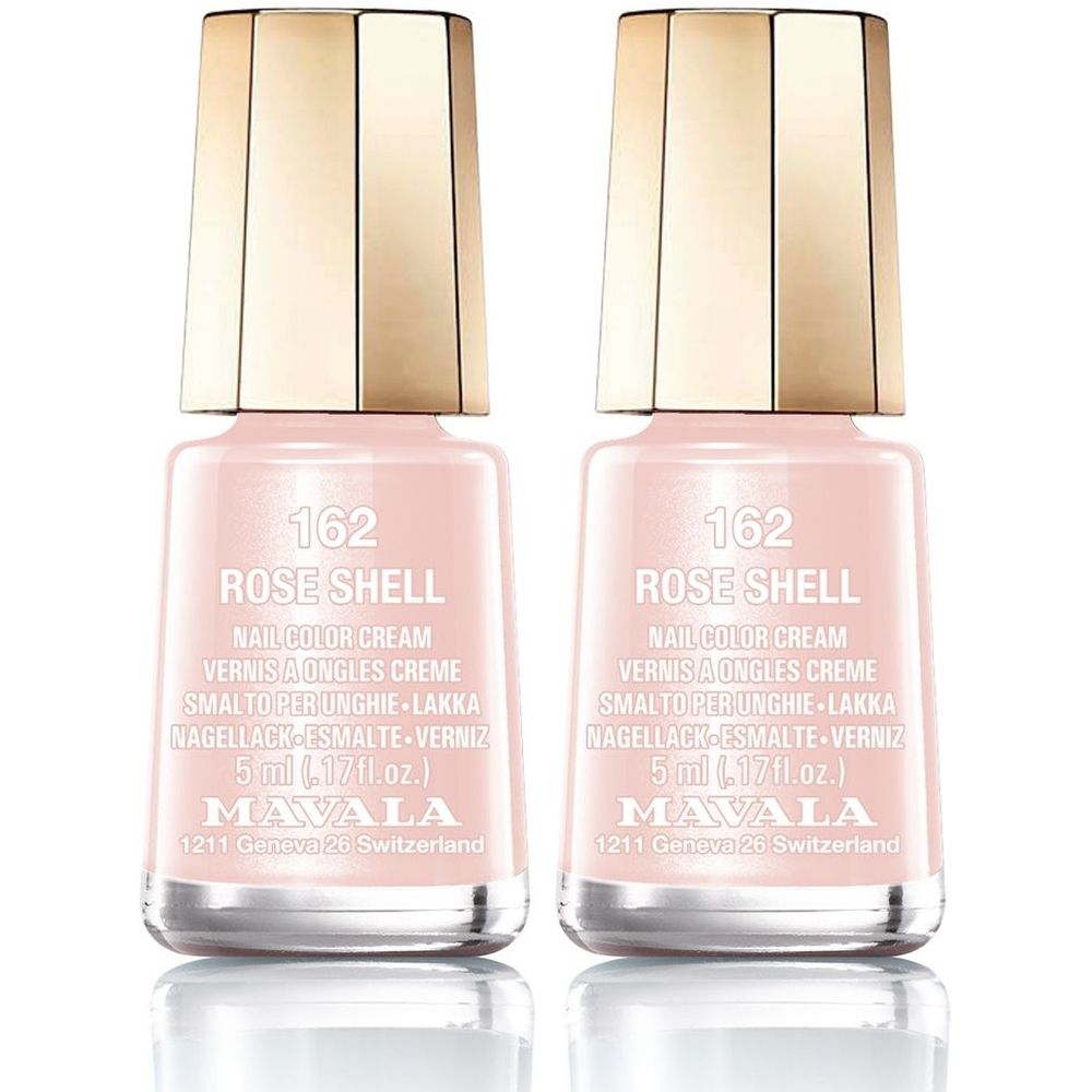 Twee roze nagellakflesjes. Gouden dop. Opschrift: 162 ROSE SHELL, MAVALA. 5 ml.