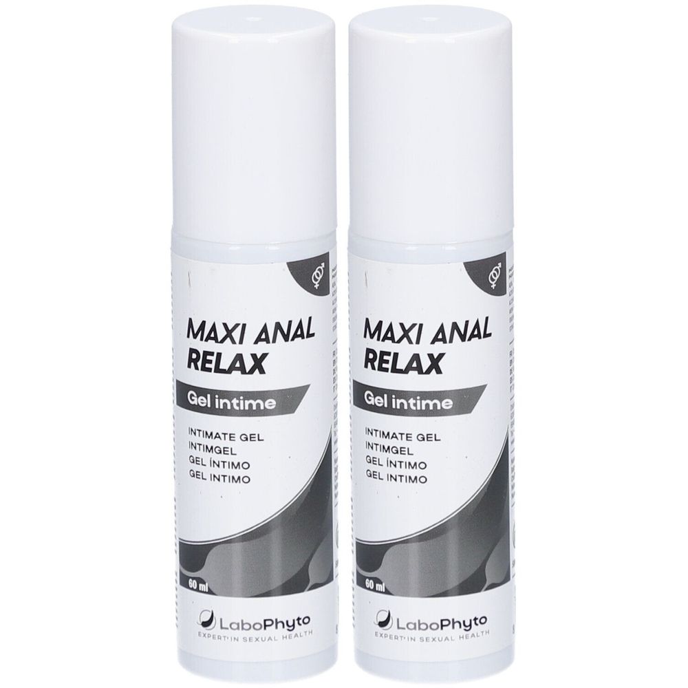 Twee witte flessen met de tekst MAXI ANAL RELAX Gel intime. Daaronder staat Intimate Gel in meerdere talen. Logo LaboPhyto.